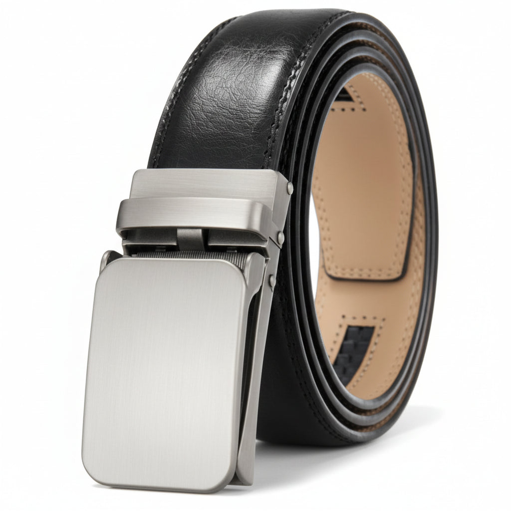 Ceinture homme Yves Lin 60 en cuir noir avec boucle automatique argentée et finition lisse.