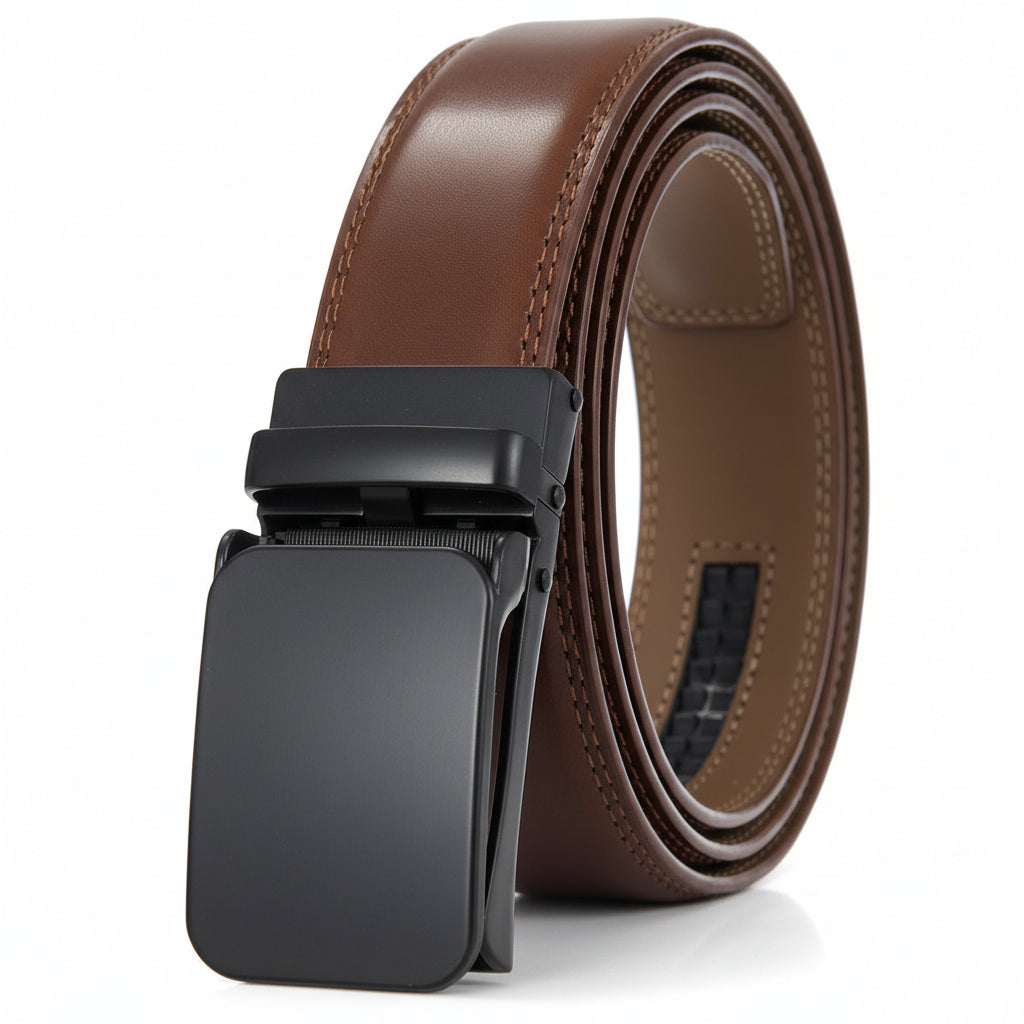 Ceinture homme Yves Lin 95 en cuir marron avec boucle automatique noire et finitions soignées.