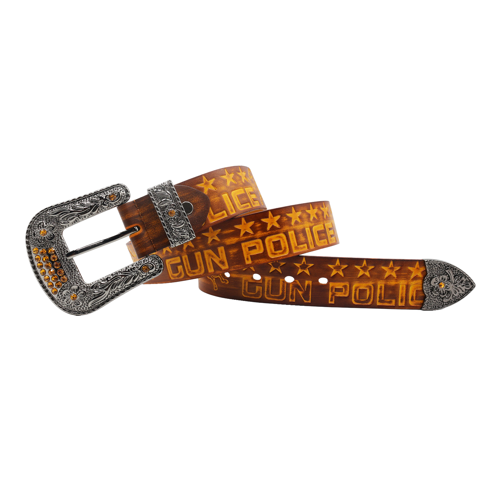 Ceinture homme Zadig en cuir marron avec motif "GUN POLICE" gravé et boucle ardillon argentée ornée de strass. #fullwidth