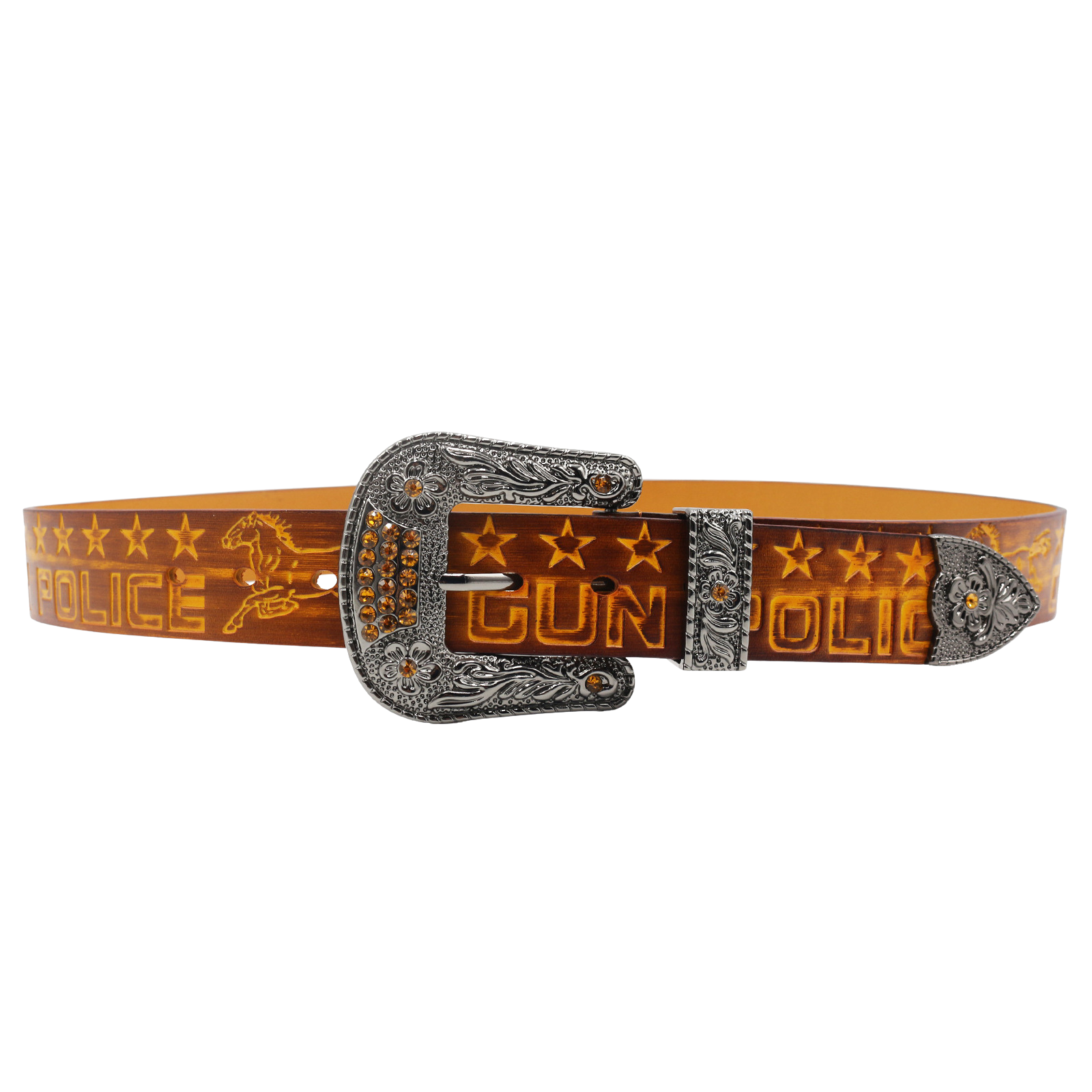 Ceinture homme Zadig en cuir marron avec boucle argentée ornée de strass et gravure "GUN POLICE", motif cheval et étoiles #fullwidth