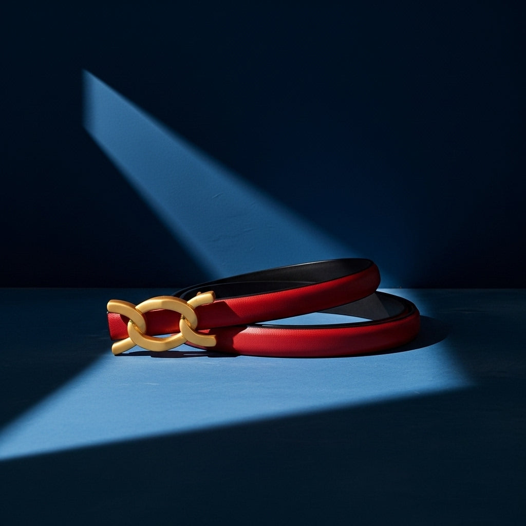 Ceinture fine pour femme Zénaïde en cuir rouge avec boucle dorée double anneau entrelacé, sans ardillon. #fullwidth