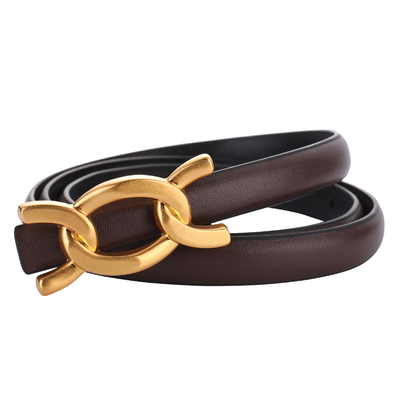 Ceinture fine pour femme Zénaïde en cuir marron avec boucle dorée à double anneau entrelacé sans ardillon.