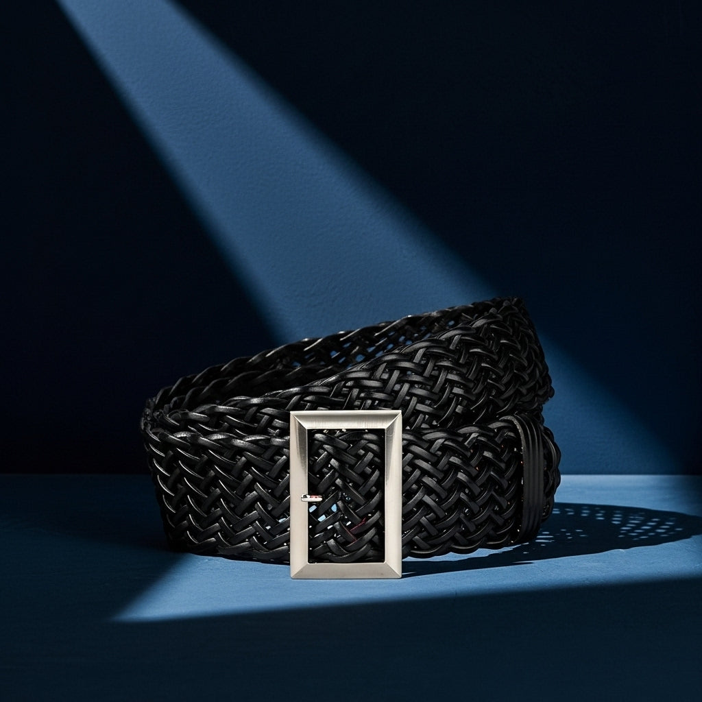 Ceinture Zéphira noire en simili cuir tressé, large et ajustable, avec une boucle rectangulaire argentée #fullwidth