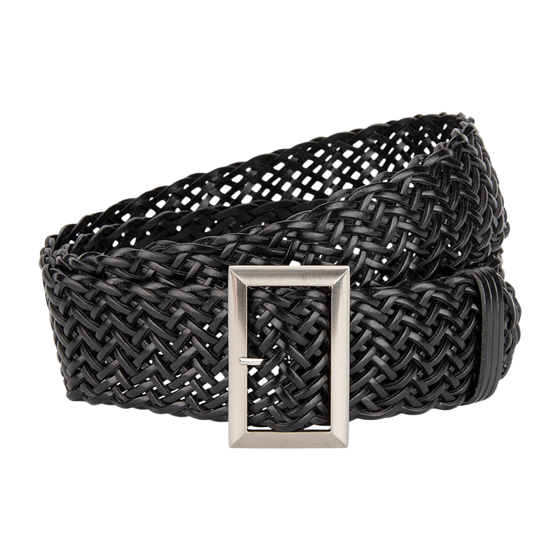 Ceinture Zéphira noire en simili cuir tressé avec une boucle argentée rectangulaire.