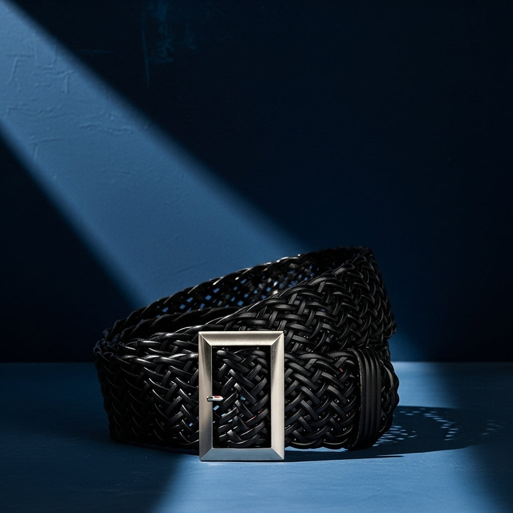 Ceinture femme Zéphira noire, en simili cuir tressé, avec une boucle ardillon rectangulaire argentée. Largeur supérieure à 4 cm. #fullwidth