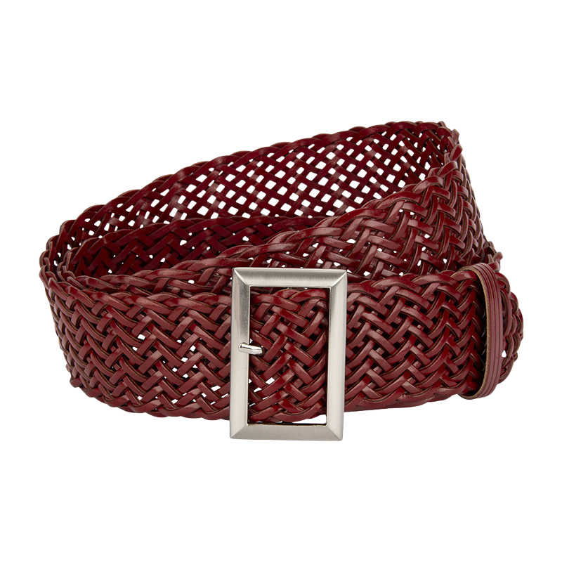 Ceinture femme Zéphira en simili cuir tressé rouge avec boucle rectangulaire argentée