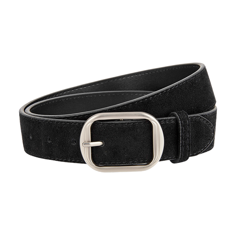 Ceinture femme Zoïa 1 noire en cuir effet daim, avec boucle ardillon ovale allongée en métal argenté.