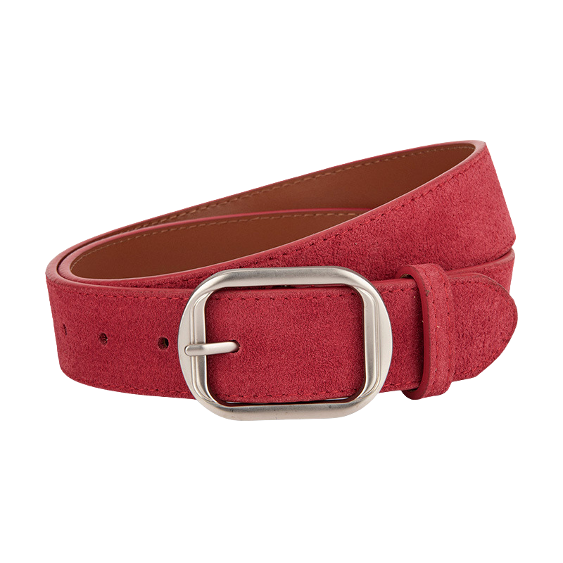 Ceinture Zoïa 1 rouge en cuir de vachette refendu effet daim, avec boucle ardillon ovale allongée en métal argenté