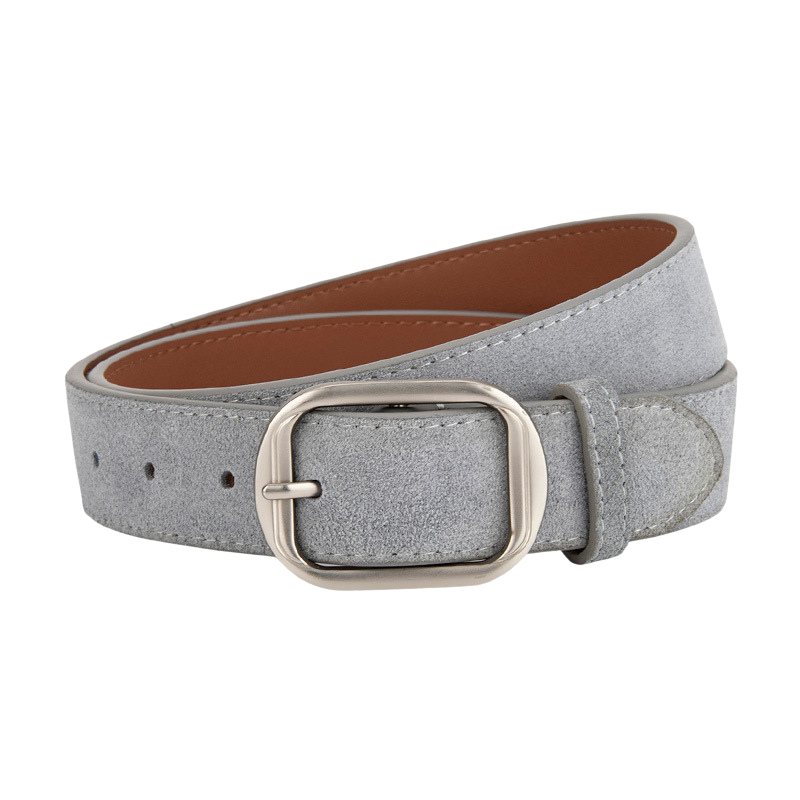 Ceinture Zoïa 1 en cuir suédé gris clair avec boucle ardillon ovale argentée.