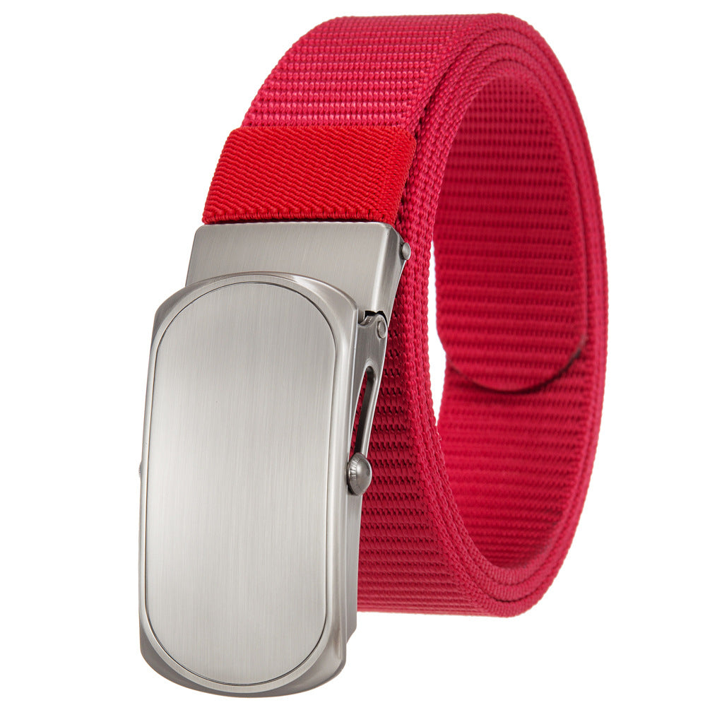 Ceinture homme Zola 1 en tissu rouge avec boucle automatique rectangulaire en alliage gris brossé. #fullwidth