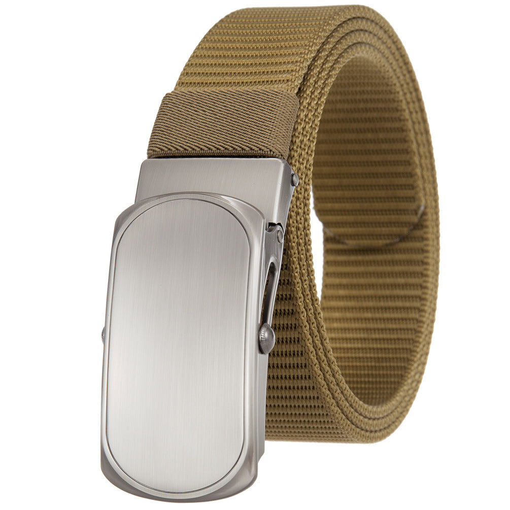 Ceinture homme Zola 1 en tissu texturé couleur chameau avec boucle automatique rectangulaire en alliage gris.