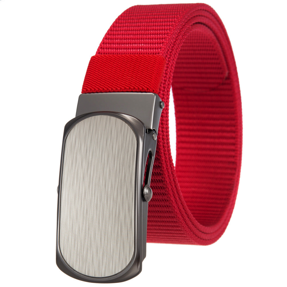 Ceinture pour homme Zola 2 en tissu texturé rouge avec boucle automatique rectangulaire en alliage gris à finition brossée.