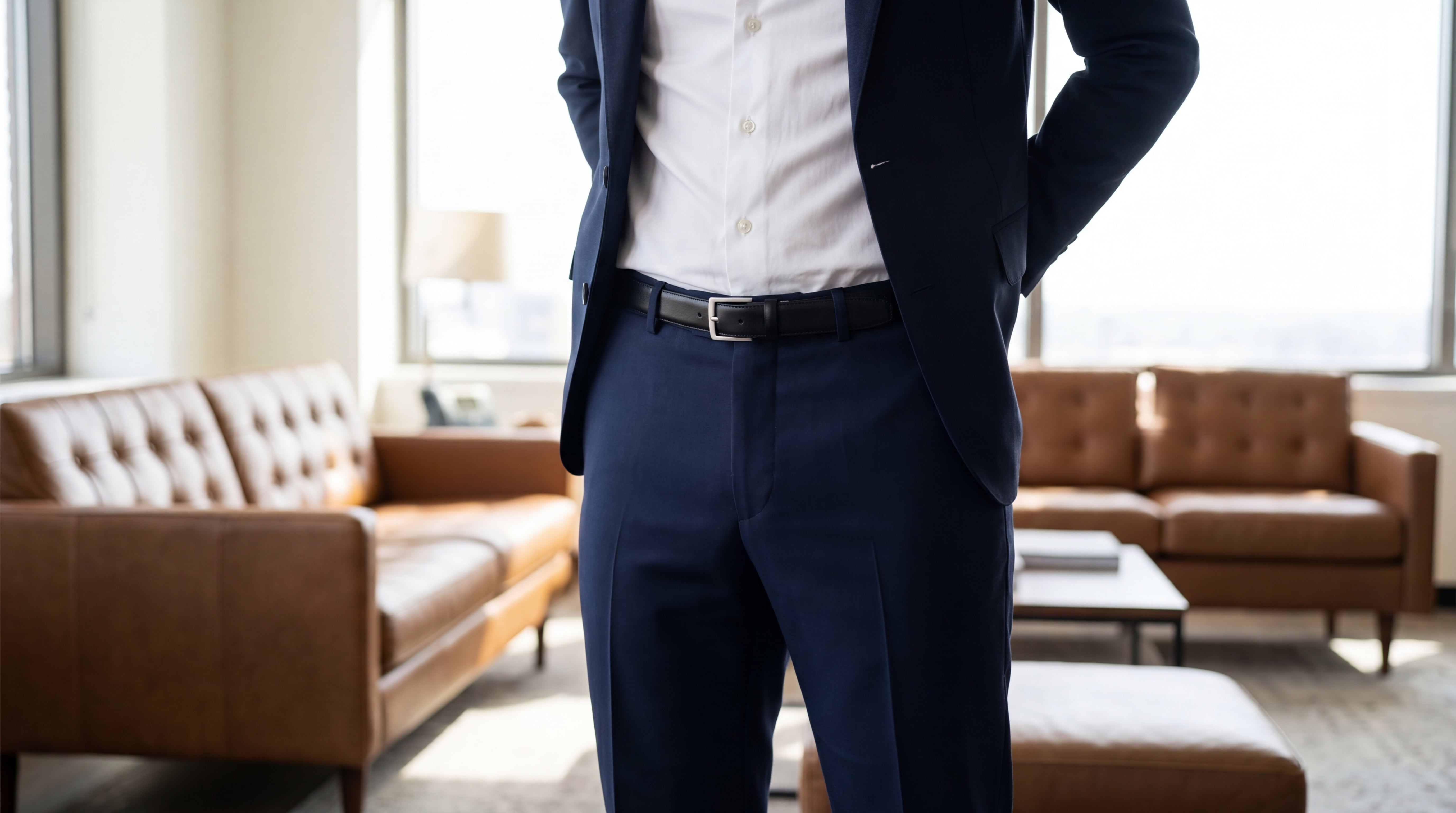 Homme élégant en costume bleu marine portant une ceinture homme taille 40 noire en cuir avec boucle argentée dans un intérieur lumineux.