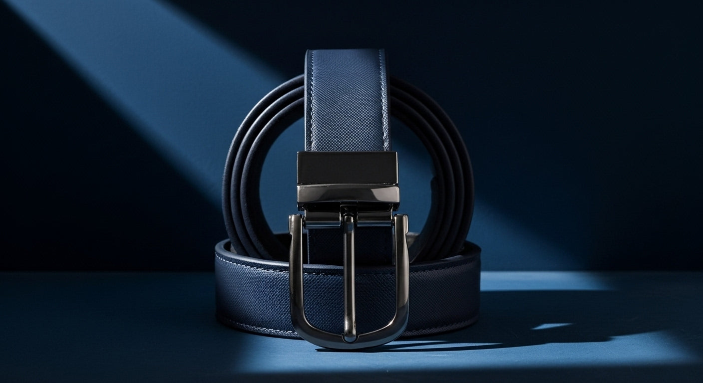 Ceinture homme bleu marine en cuir pleine fleur enroulée avec boucle métallique élégante, accessoire de luxe au style intemporel