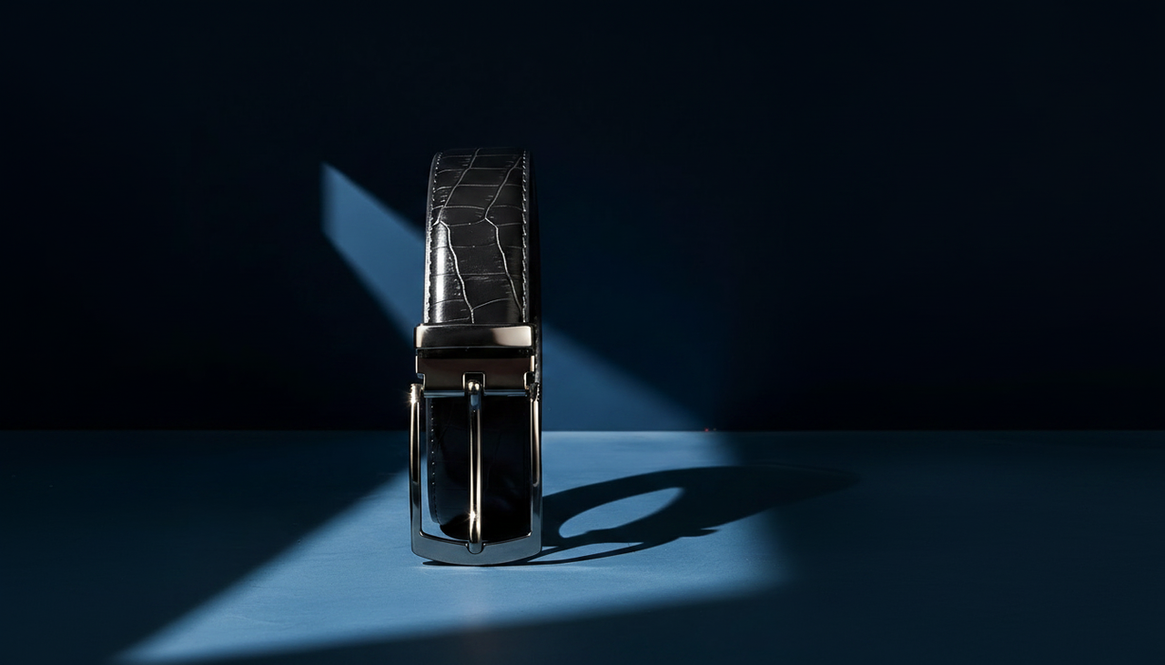 Accessoire homme ceinture en cuir noir avec boucle métal brillante sur fond sombre