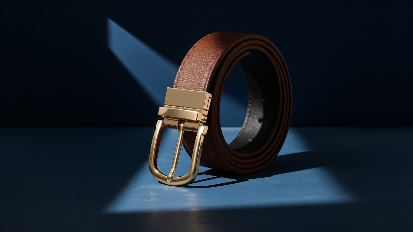 Ceinture homme en cuir marron avec boucle ardillon dorée, lanière enroulée, photographie produit élégante sur fond sombre
