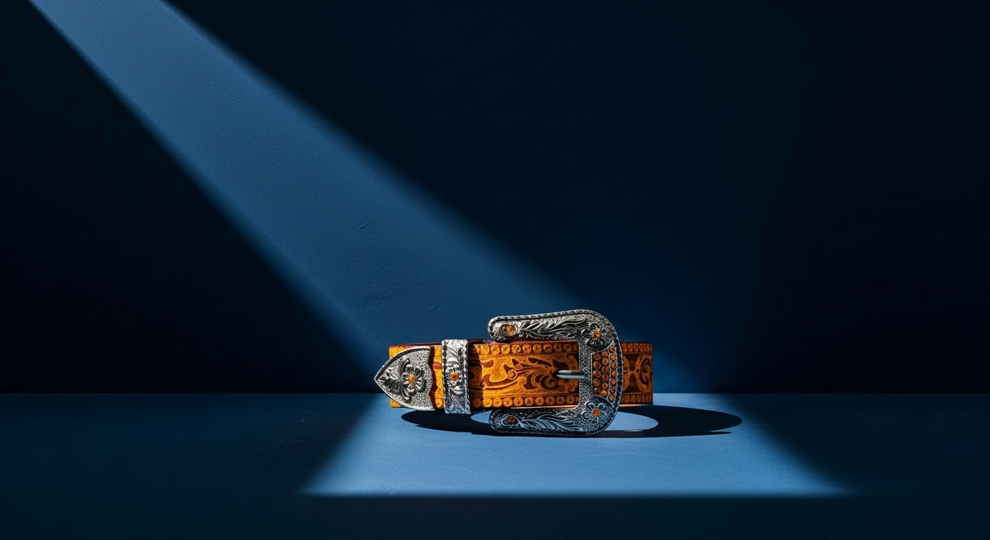 Ceinture homme en cuir camel avec boucle western gravée, ceinture artisanale en cuir véritable pour style western et casual