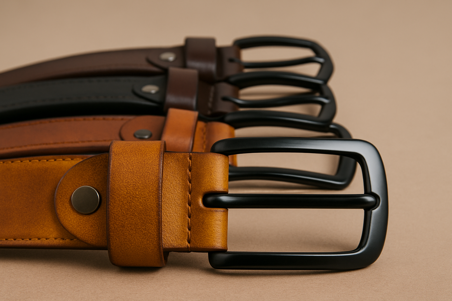 Ceintures pour homme en cuir de différentes couleurs (marron clair, cognac, noir et café) avec boucles métalliques noires, alignées sur fond beige.