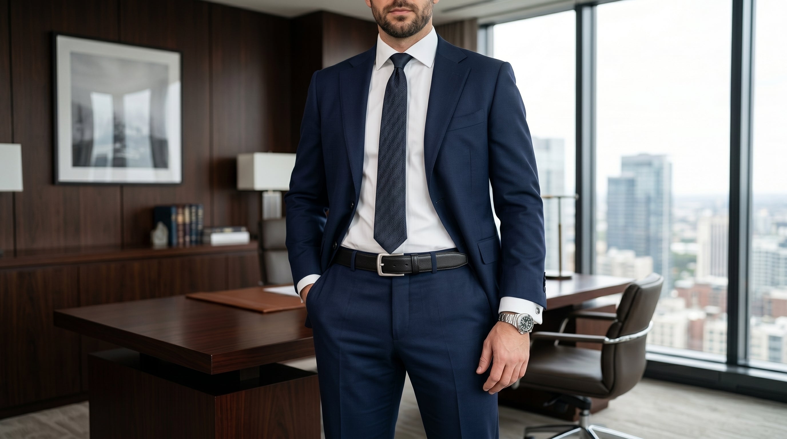 Homme élégant portant un costume bleu marine avec une ceinture en cuir noir dans un bureau moderne