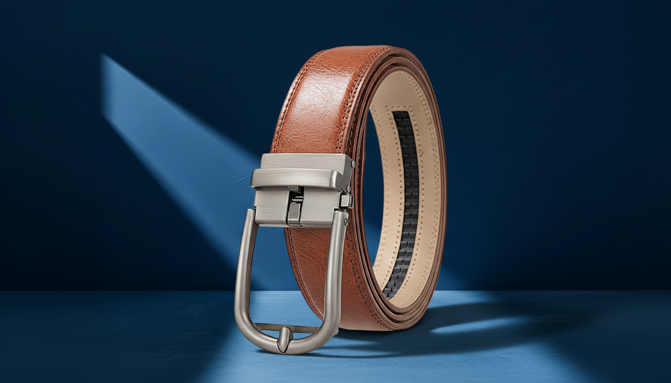Ceinture homme en cuir marron cognac avec boucle métallique argentée, modèle élégant et moderne pour tenue habillée ou casual chic