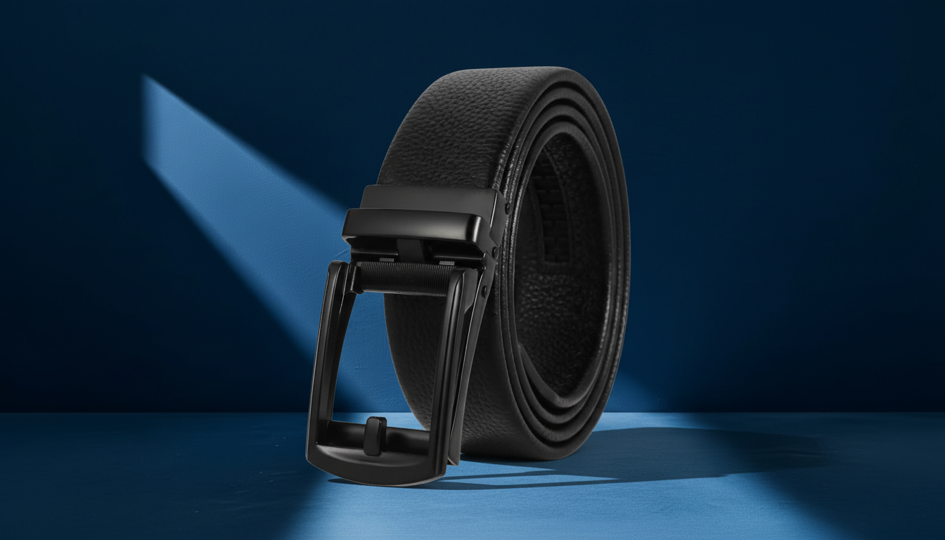 ceinture homme en cuir noir avec boucle métallique élégante sur fond sombre