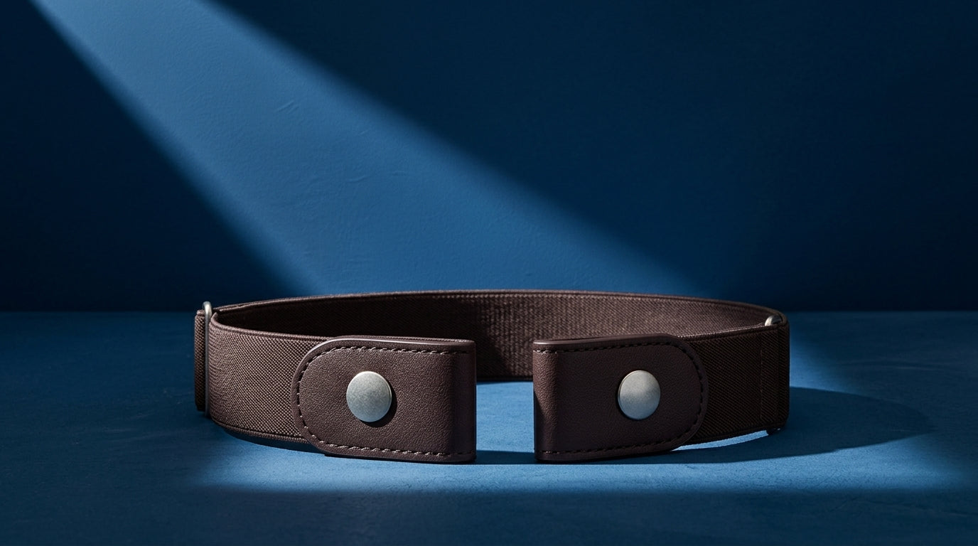 Ceinture homme marron avec attaches en cuir, posée sur fond bleu