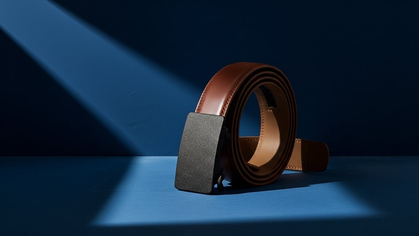 Ceinture homme en cuir marron avec boucle automatique noire, mise en valeur sous un éclairage studio moderne