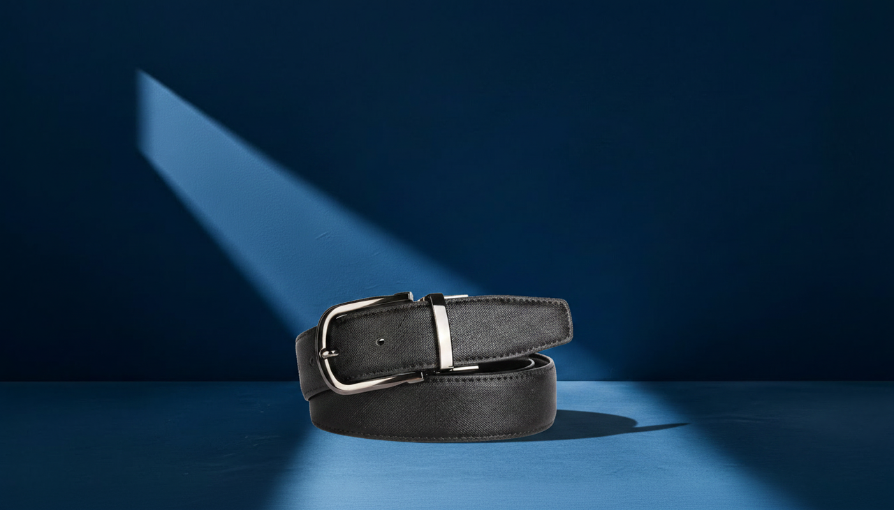 Ceinture homme en cuir noir avec boucle ardillon argentée posée sur fond bleu élégant