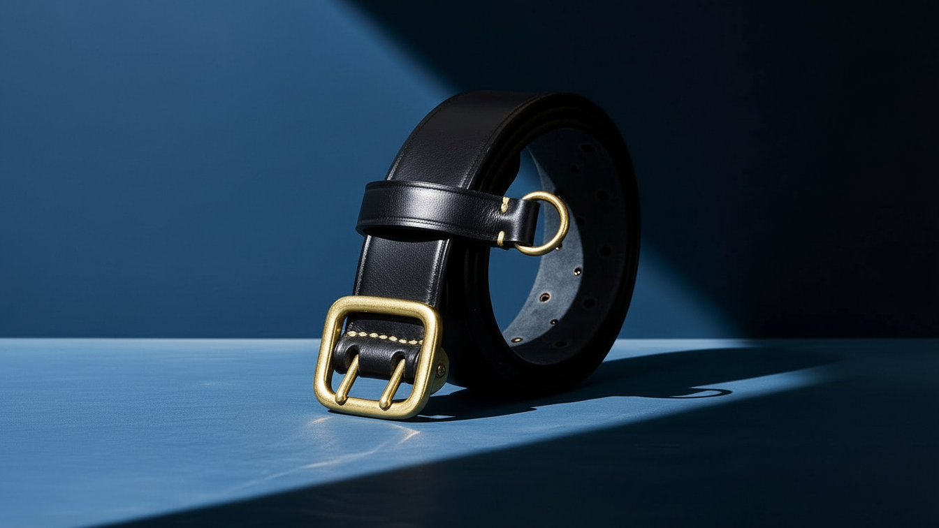 Ceinture en cuir noir pour homme avec boucle ardillon dorée sur fond bleu