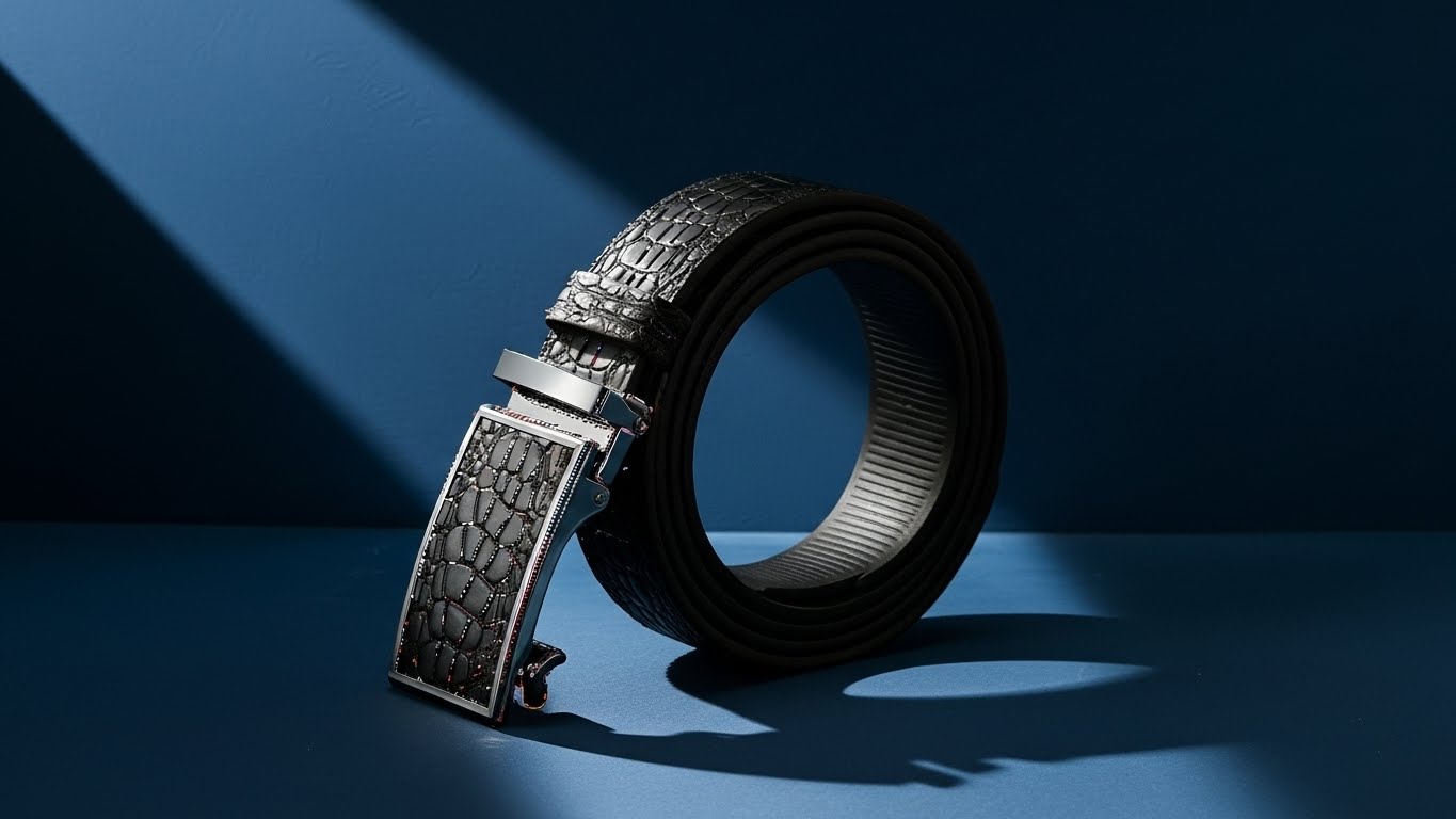 Ceinture homme en cuir noir texturé crocodile avec boucle automatique chromée élégante