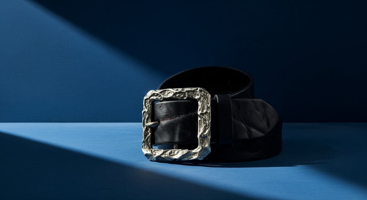 Ceinture en cuir noir haut de gamme avec boucle carrée argentée texturée, accessoire luxe homme élégant et structurant pour tenue formelle.