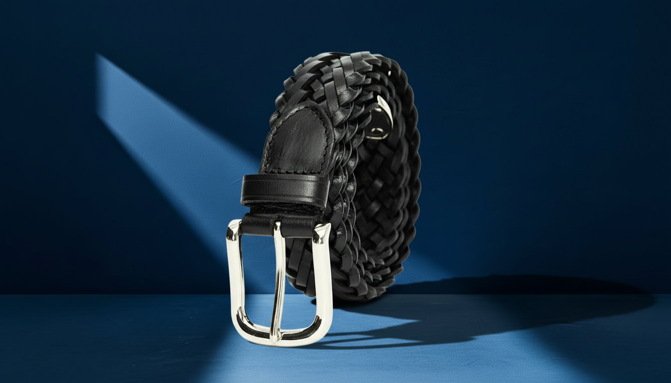 Ceinture homme tressée noire en cuir avec boucle argentée sur fond bleu élégant