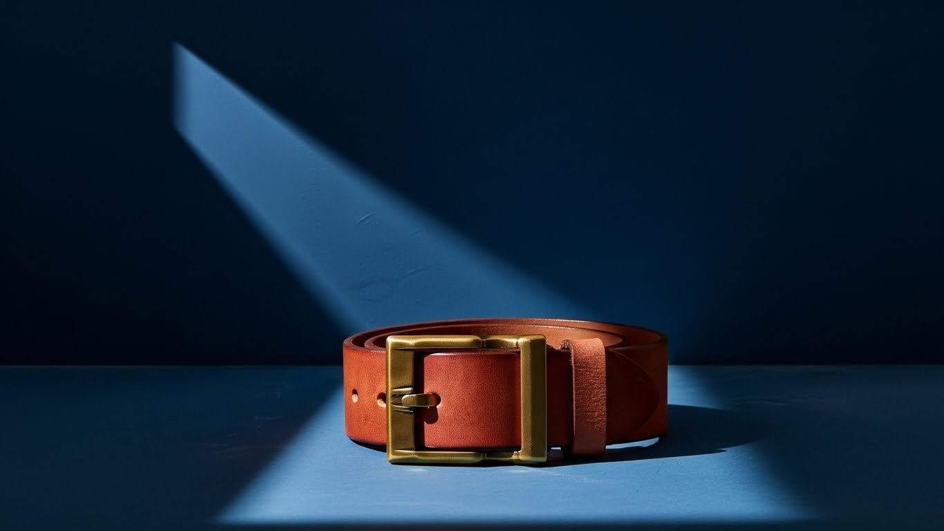 Détail d’une ceinture en cuir véritable montrant une texture naturelle et une finition soignée