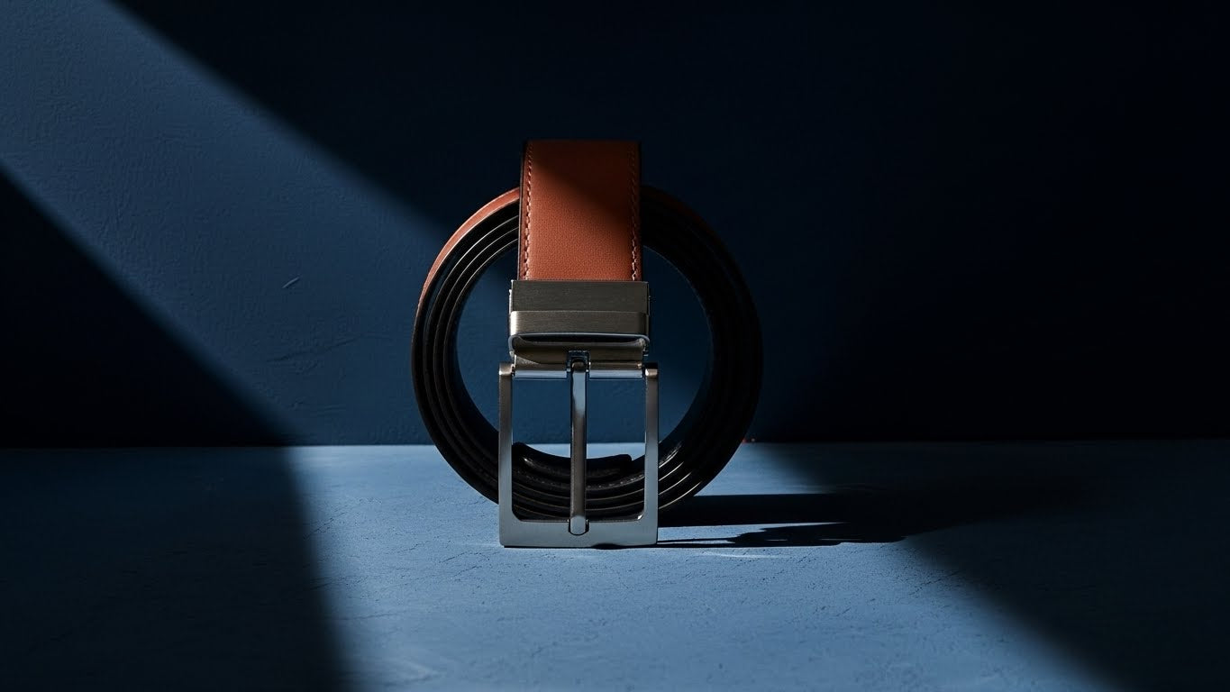 Ceinture homme en cuir véritable brun avec boucle métallique, présentée enroulée sur fond sombre