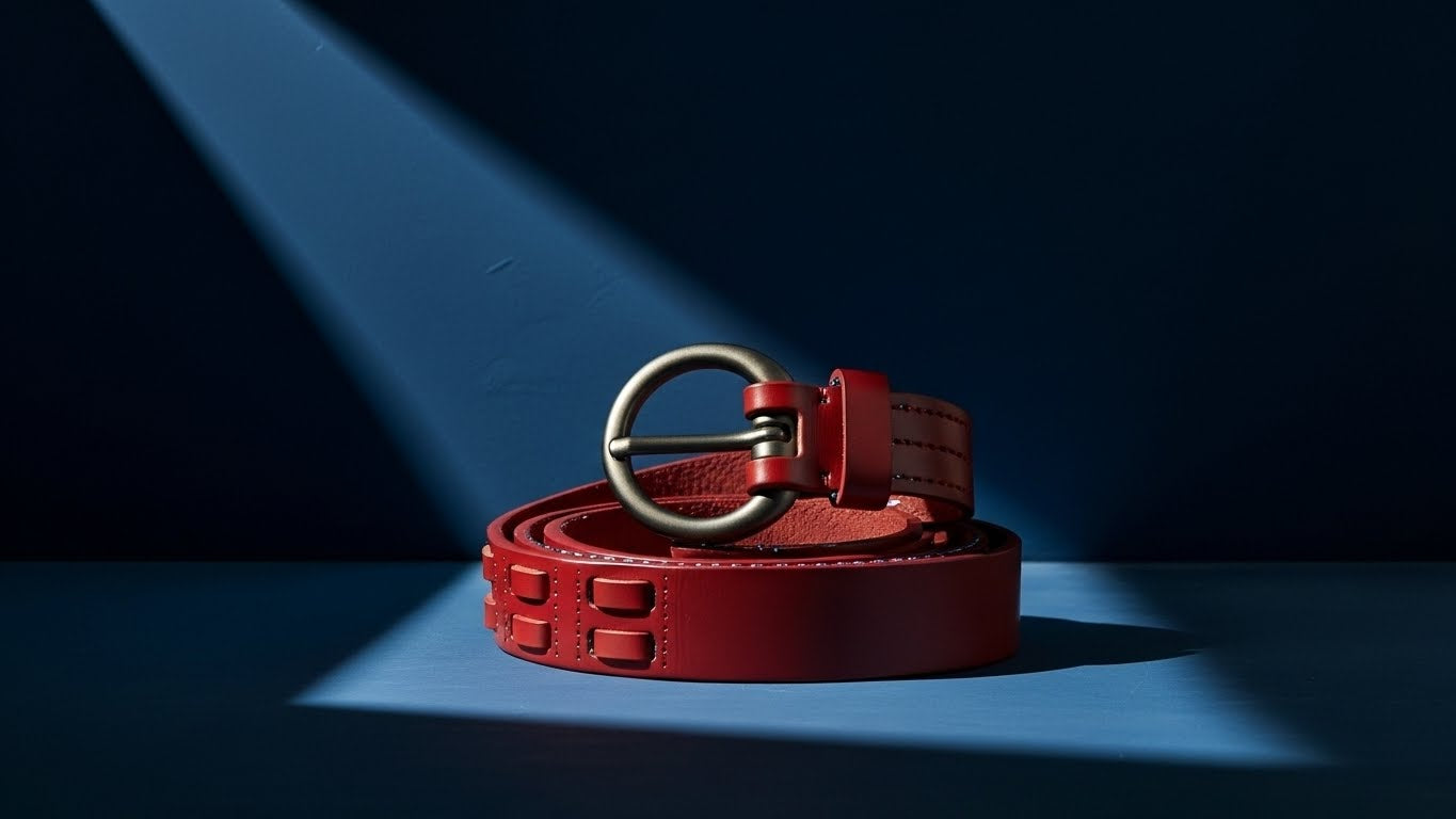 Ceinture homme en cuir rouge avec boucle ronde vintage, accessoire élégant et tendance