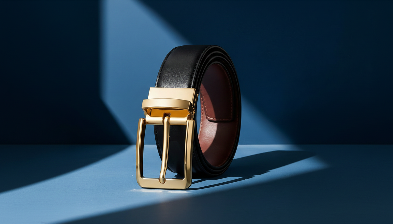 Ceinture homme réversible noir et marron avec boucle dorée élégante posée en studio sur fond bleu
