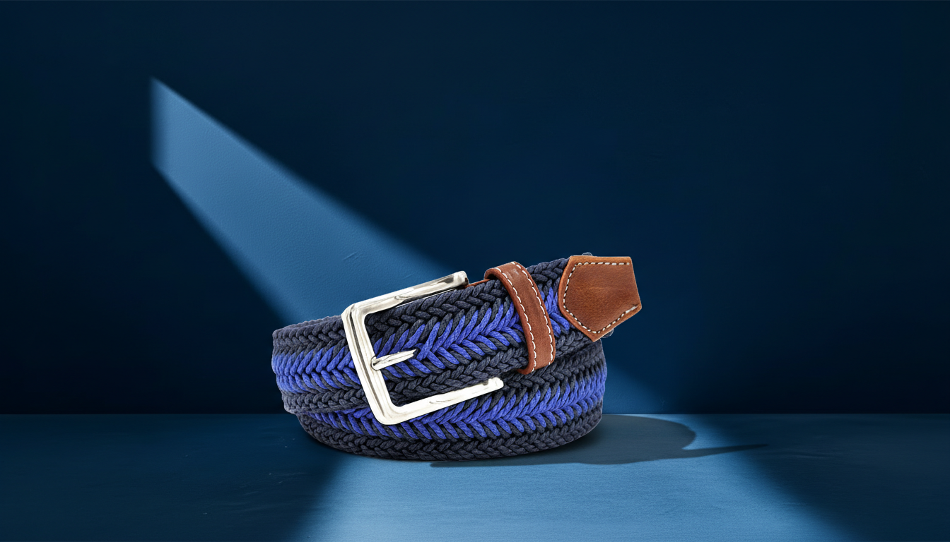 Ceinture homme tressée bleu marine et bleu électrique avec empiècements en cuir camel et boucle ardillon argentée, accessoire casual chic élégant