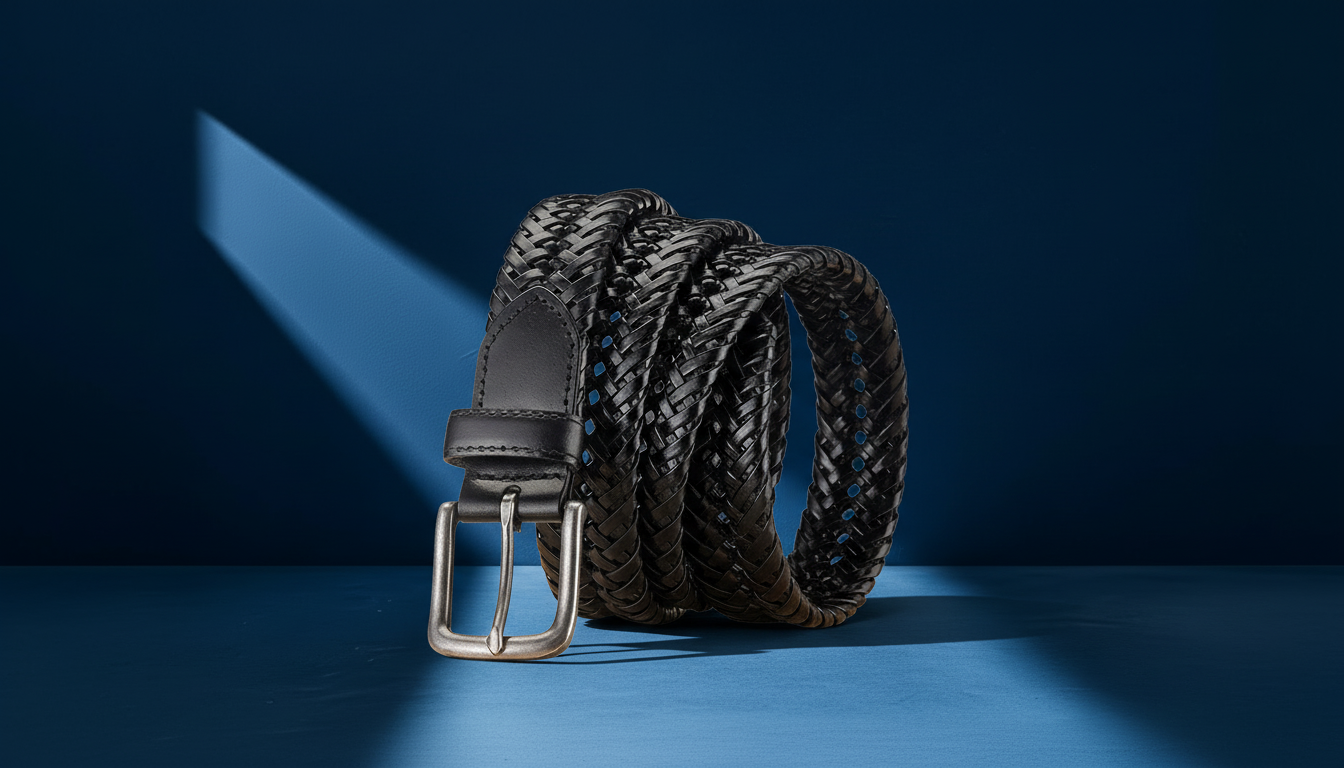 Ceinture tressée en cuir noir pour homme avec boucle métallique sur fond bleu