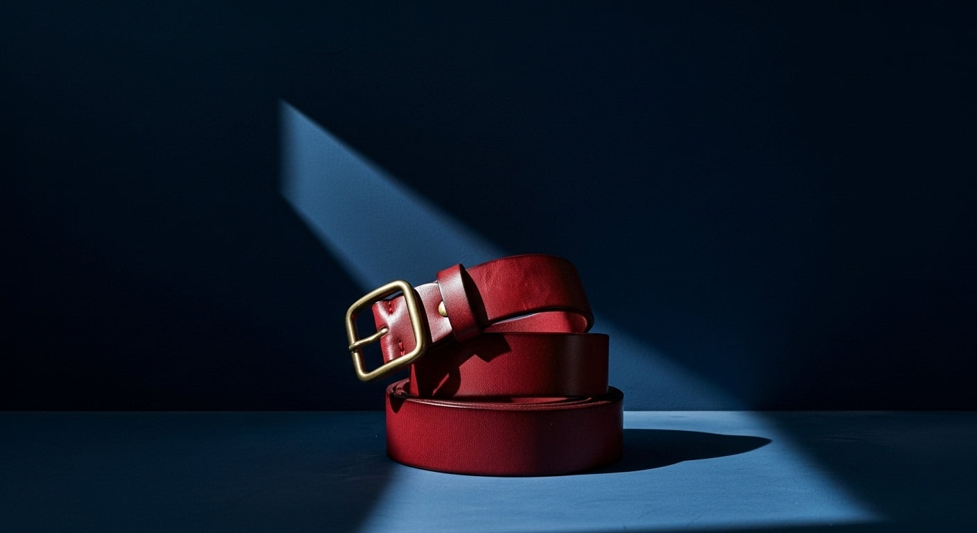 Ceinture en cuir rouge avec boucle dorée en métal, posée enroulée sous un éclairage dramatique sur fond bleu foncé – accessoire élégant et moderne.