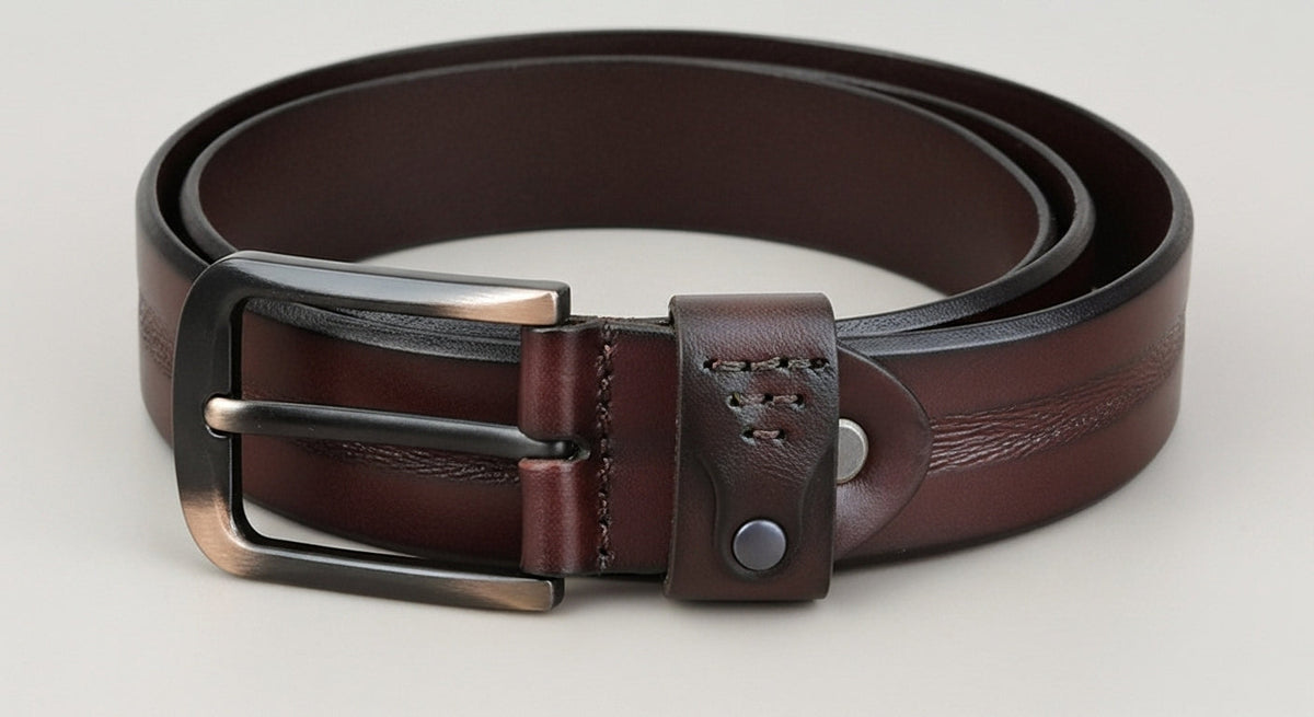 Ceinture en cuir homme marron foncé, détail des finitions et qualité du cuir pour un style élégant et confortable.