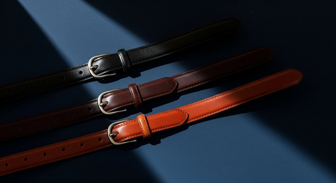 Trois modèles de ceintures homme en cuir noir, brun et cognac, présentés côte à côte sur fond bleu avec boucle classique en métal