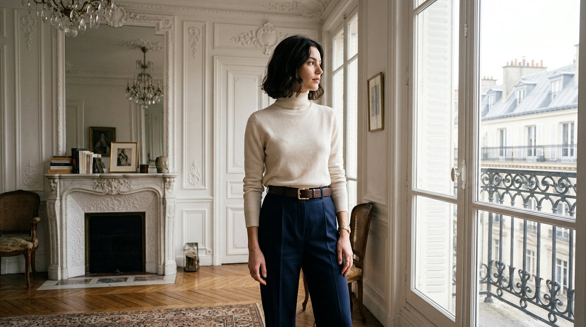 Femme élégante dans un intérieur parisien portant un pantalon taille haute ceinturé d'un modèle en cuir avec boucle dorée polie