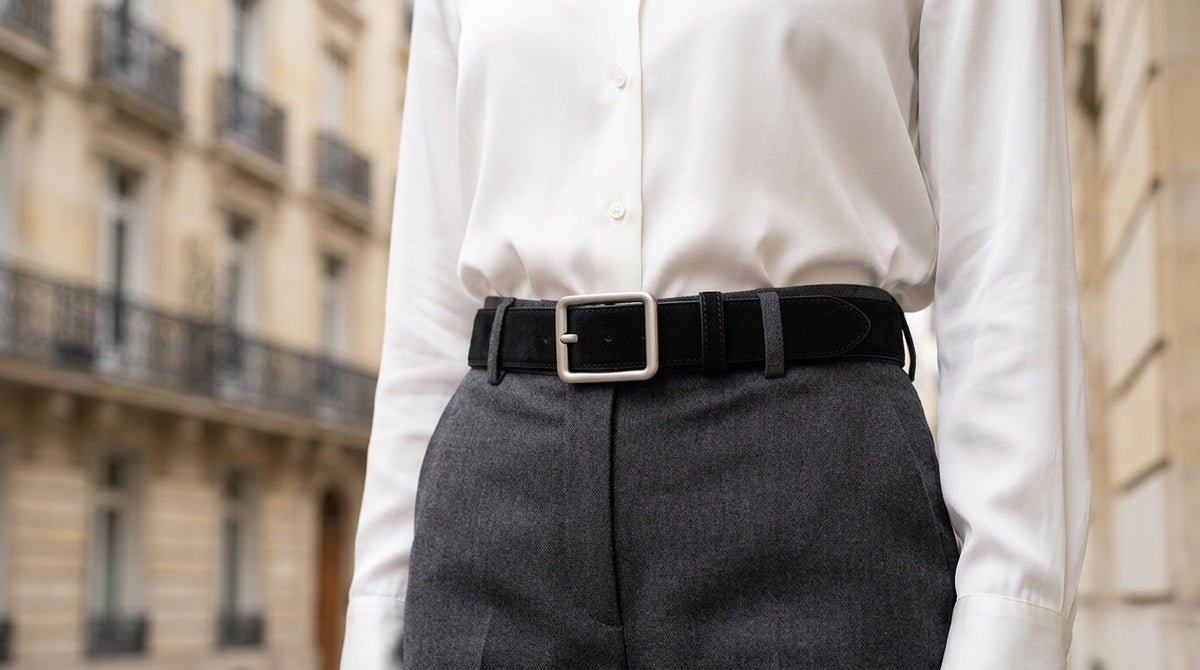 Femme élégante à Paris portant un pantalon tailleur gris anthracite cintré par une ceinture en daim noir avec boucle carrée en argent brossé