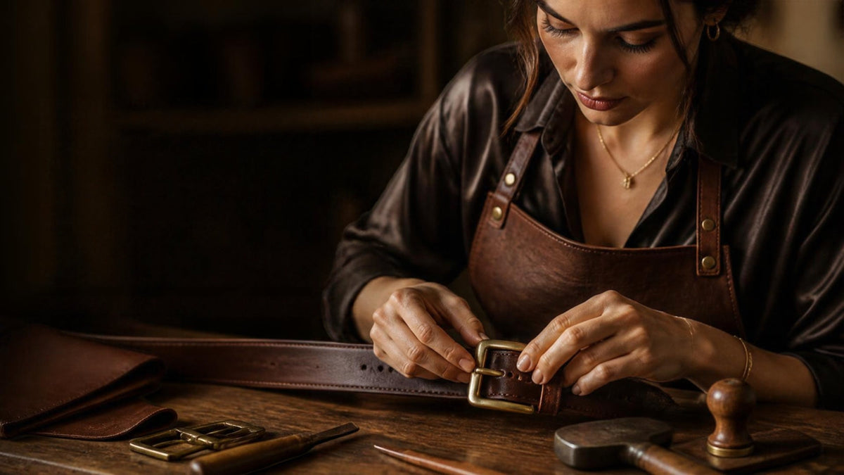 Artisane maroquinière ajustant une boucle dorée sur une lanière en cuir à son établi d'atelier
