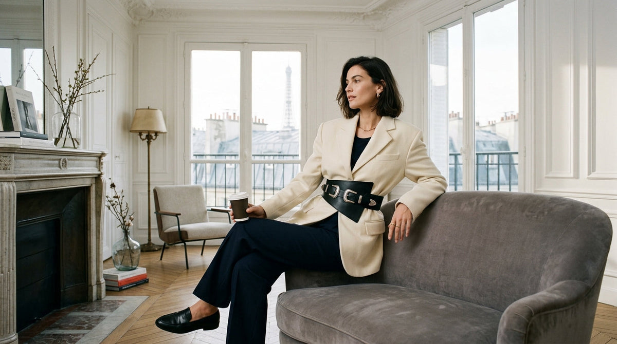 Femme vêtue d'un blazer crème oversize et d'un pantalon fluide, ceinturée d'un modèle corset asymétrique en cuir à double boucle argentée dans un intérieur parisien