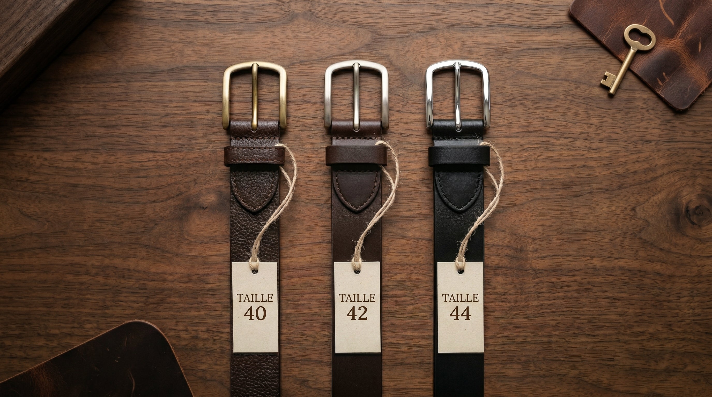 Comparatif des tailles de ceintures homme en cuir véritable 40 42 et 44 avec boucles métalliques sur table en bois