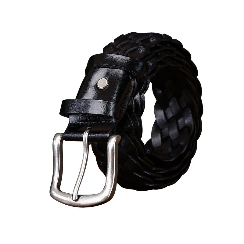 Ceinture homme Vauban en cuir pleine fleur tressé noir avec boucle ardillon carrée en alliage