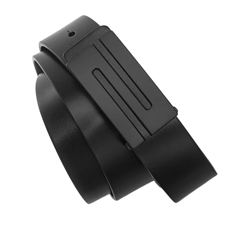 Ceinture Abbesses noire en cuir pleine fleur lisse pour homme avec boucle automatique rectangulaire plate et motif "S" stylisé