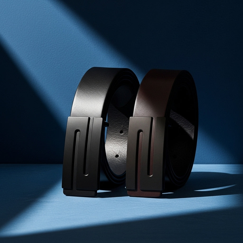 Ceinture Abbesses homme en cuir pleine fleur lisse, disponible en noir et marron, avec boucle automatique rectangulaire plate et motif "S" stylisé. #fullwidth