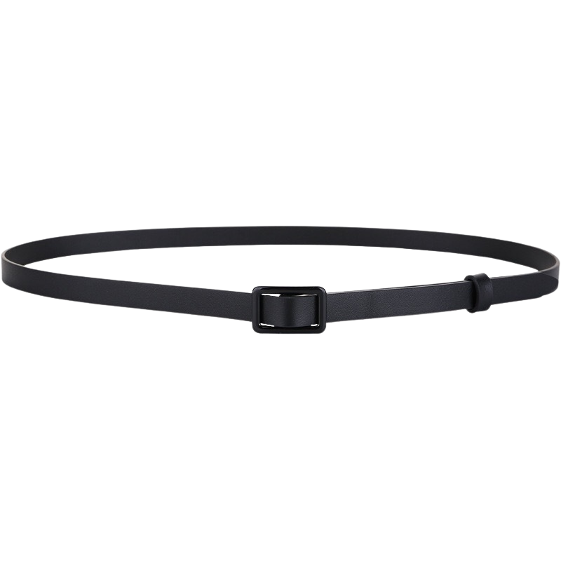 Ceinture Adélaïde noire en cuir pleine fleur avec boucle rectangulaire laquée assortie, lanière fine de 1,4 cm.